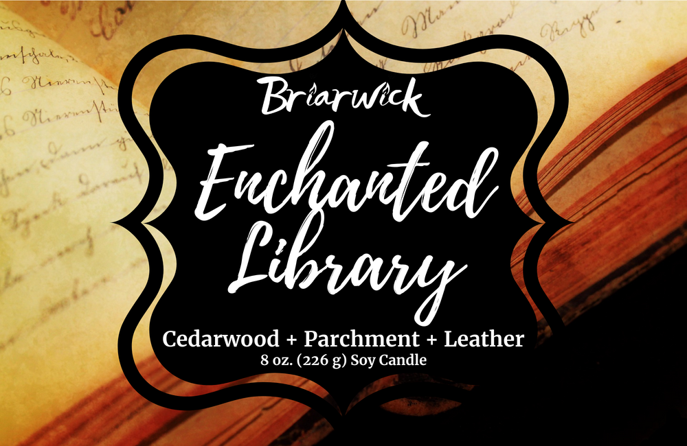 Enchanted Library label with an open book design