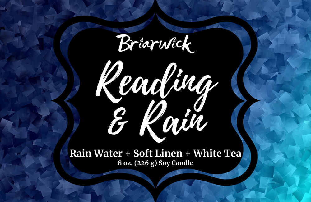 Reading & Rain label with blue textured design