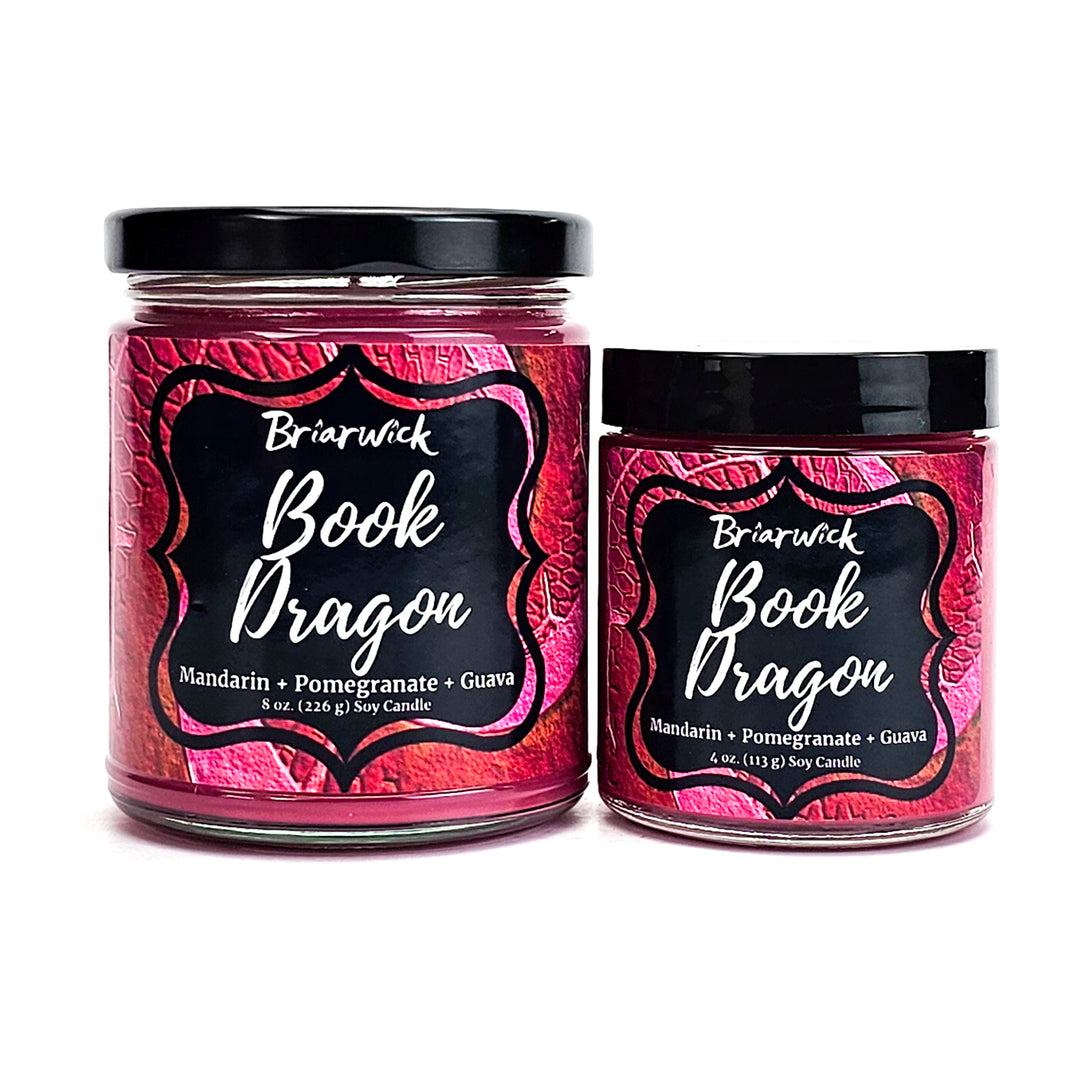 Book Dragon 8oz & 4oz maroon candles with maroon scale designs on a white background