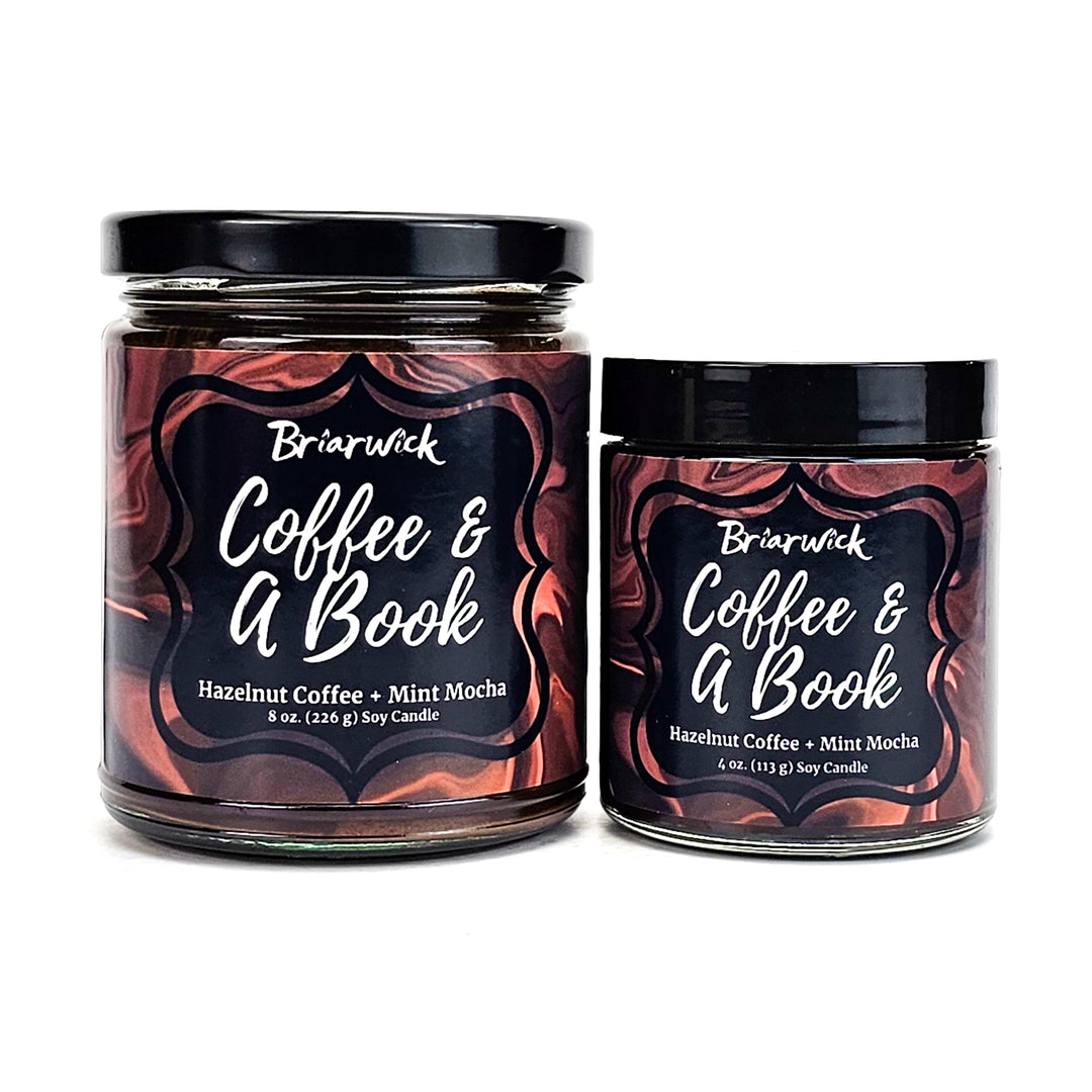 Coffee & A Book 8oz & 4oz walnut brown candles with brown liquid designs on a white background