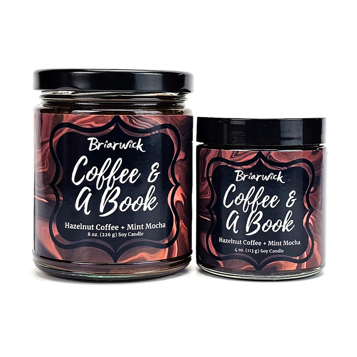 Coffee & A Book 8oz & 4oz walnut brown candles with brown liquid designs on a white background