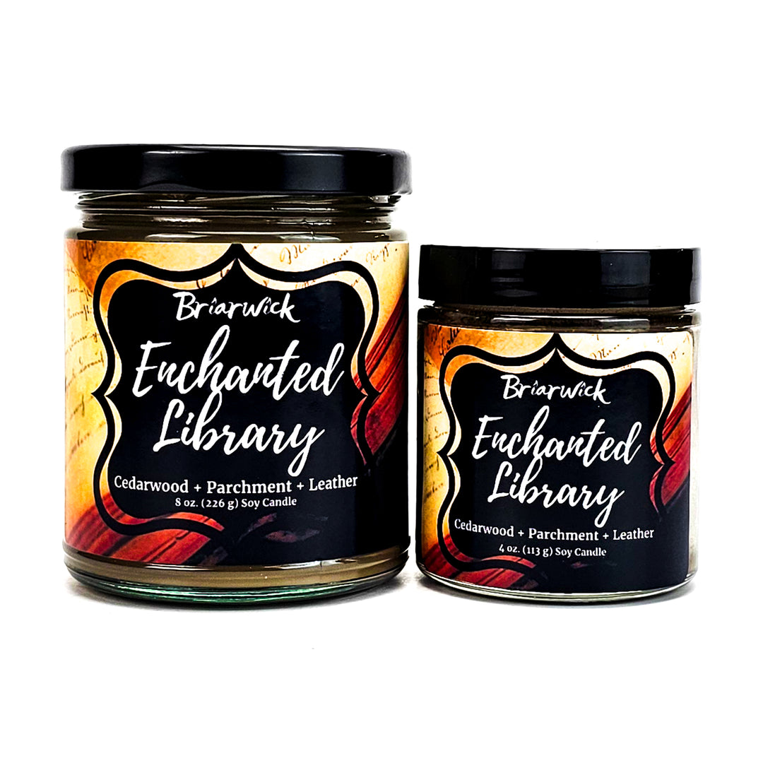 Enchanted Library 8oz & 4oz brown candles with an open book designs on a white background