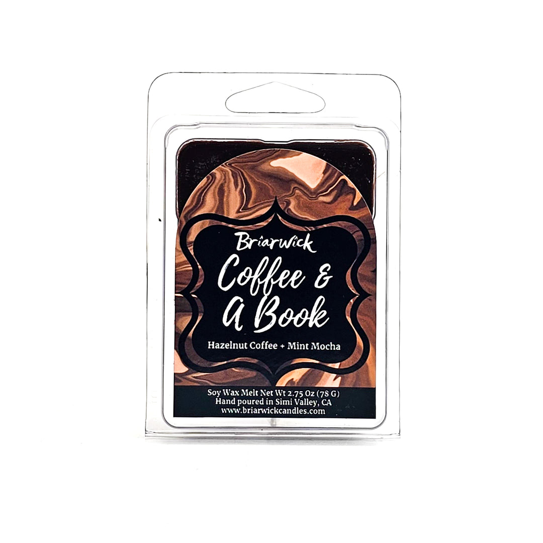 Coffee & A Book 2oz walnut brown Wax Melt with brown liquid design on a white background