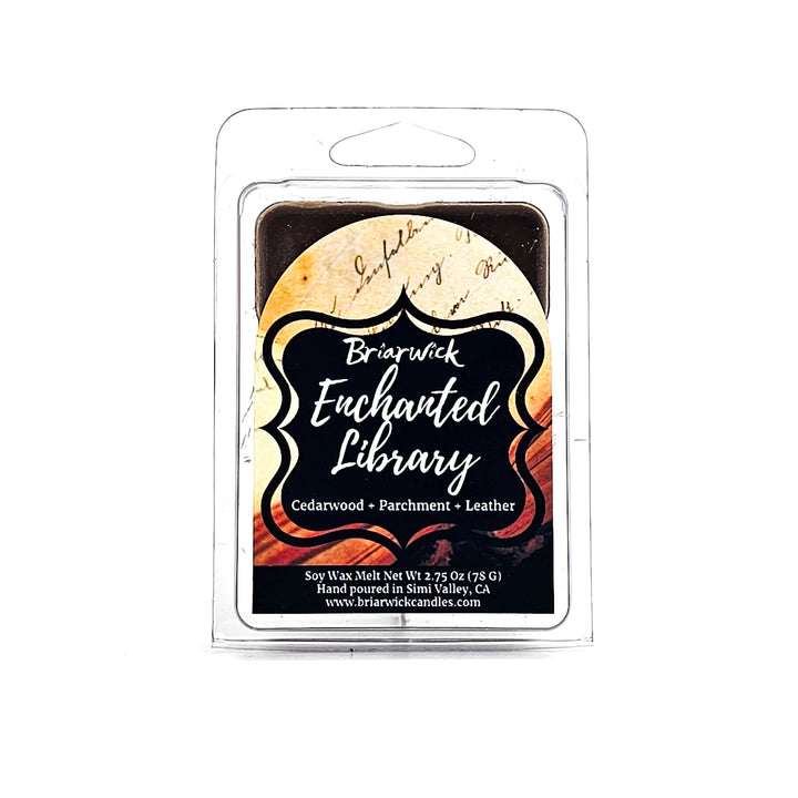 Enchanted Library 2oz brown Wax Melt with an open book design on a white background
