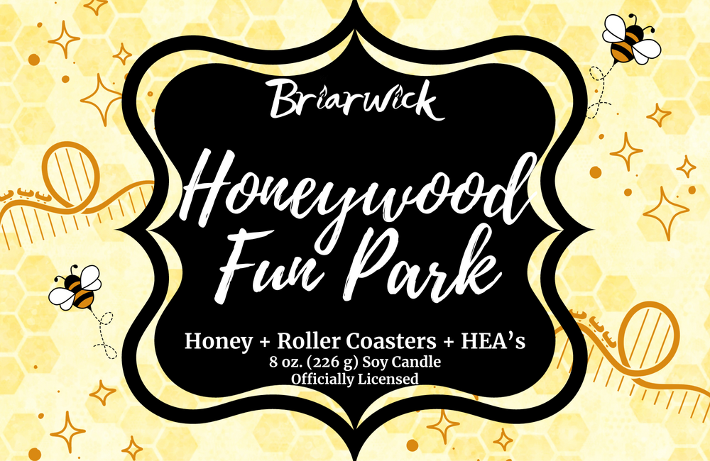 Honeywood Fun Park candle label with yellow bee design