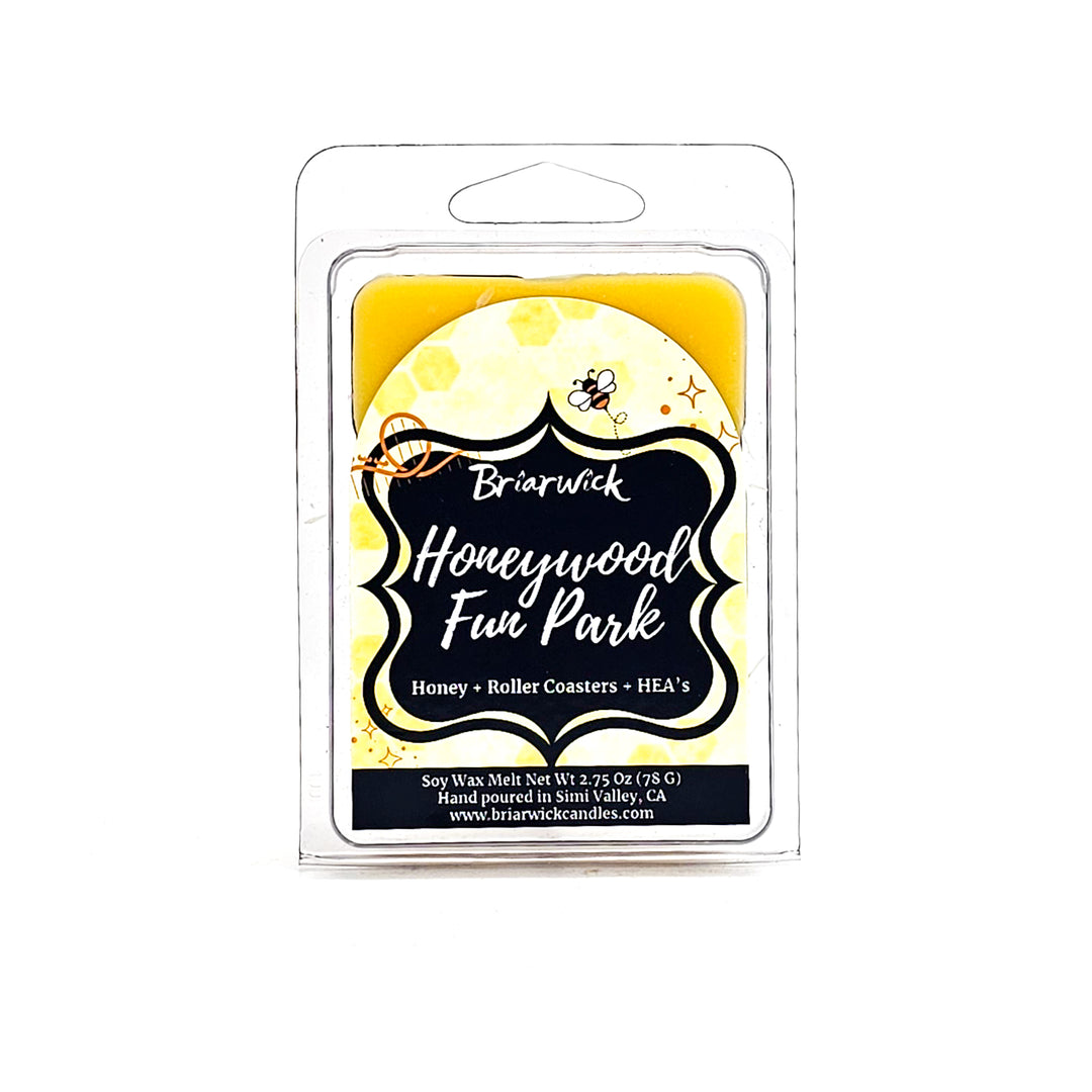 Honeywood Fun Park 2oz custard Wax Melt with yellow bee design on a white background