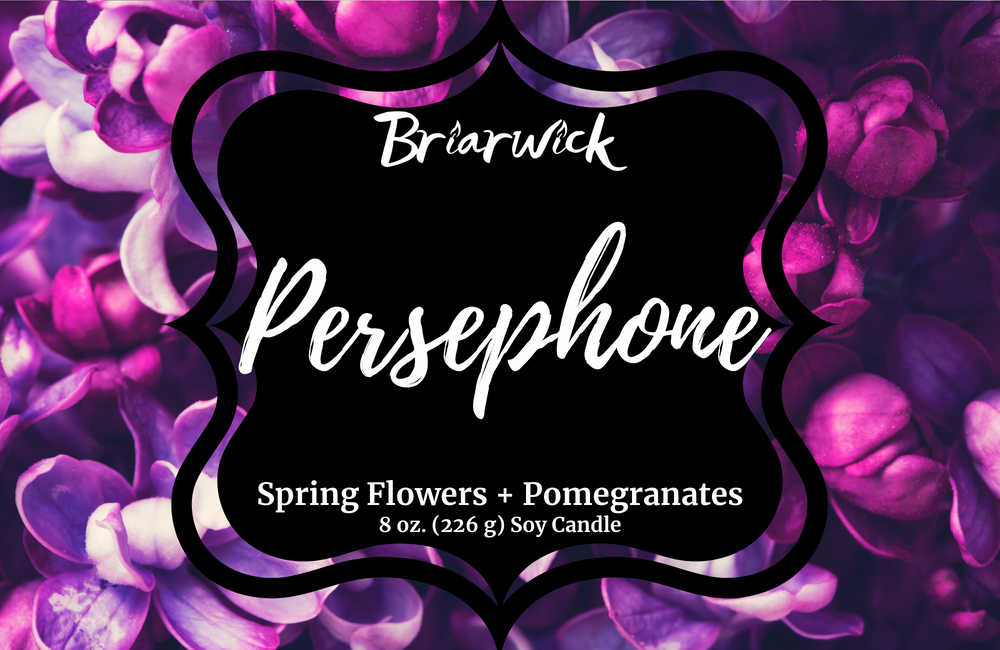 Persephone label with a purple flower design on a white background