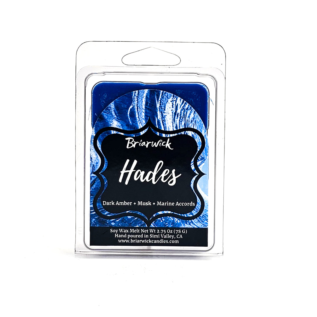 Hades 2oz navy Wax Melt with blue spiral design on a white background