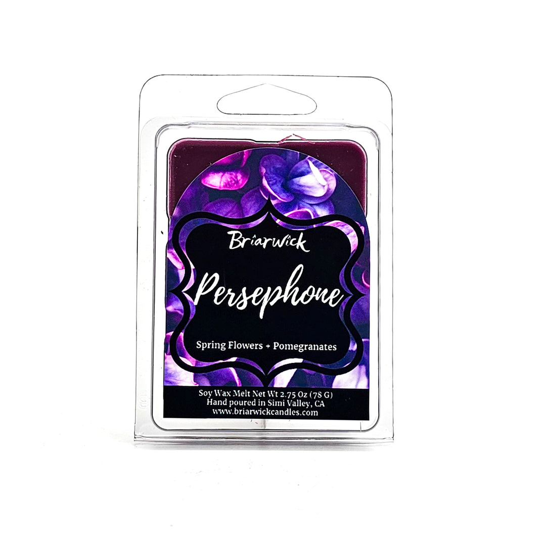 Persephone 2oz crocus purple Wax Melt with a purple flower design on a white background