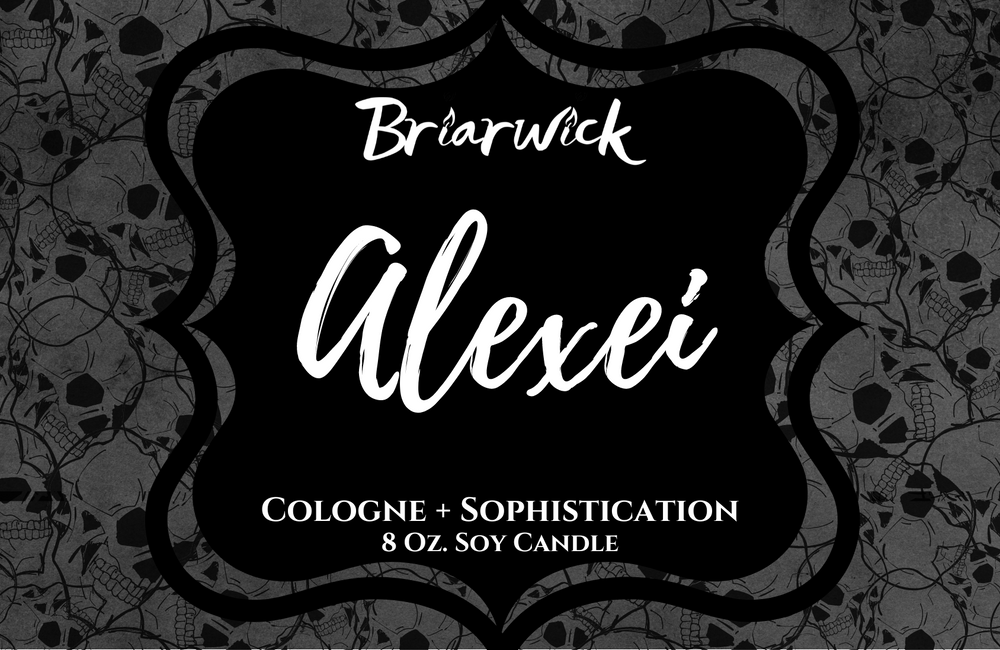 Alexei label with gray skull design