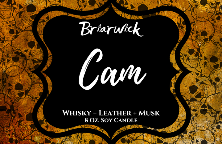 Cam label with gold skull design