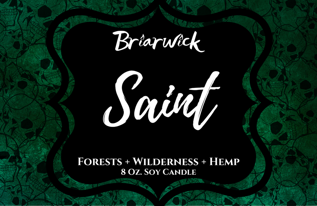 Saint label with green skull design