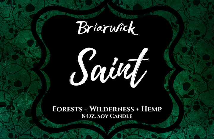 Saint label with green skull design