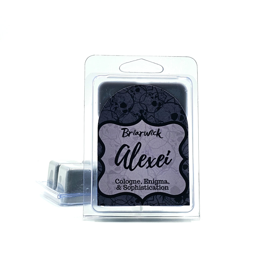 Alexei 2oz flint gray Wax Melt with gray skull design on a white background
