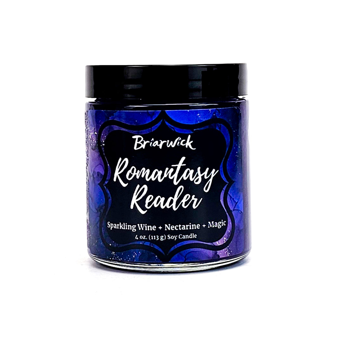 Romantasy Reader 4oz plum candle with purple textural design on a white background