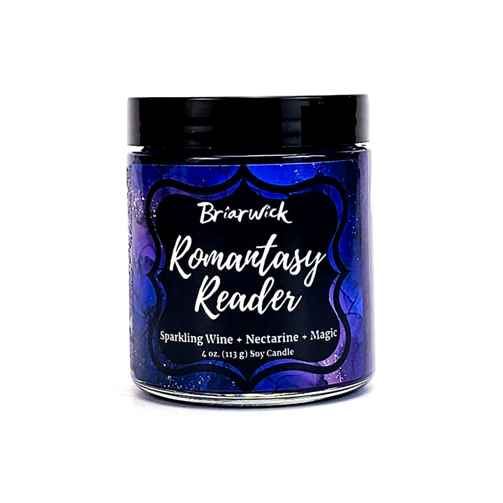 Romantasy Reader 4oz plum candle with purple textural design on a white background