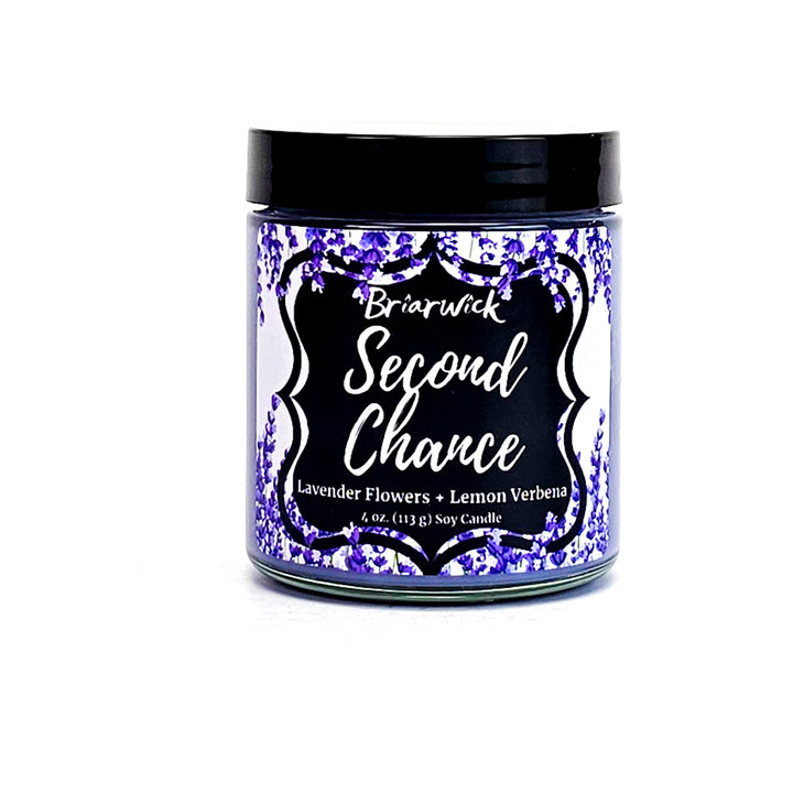 Second Chance 4oz lavender candle with lavender floral design on a white background