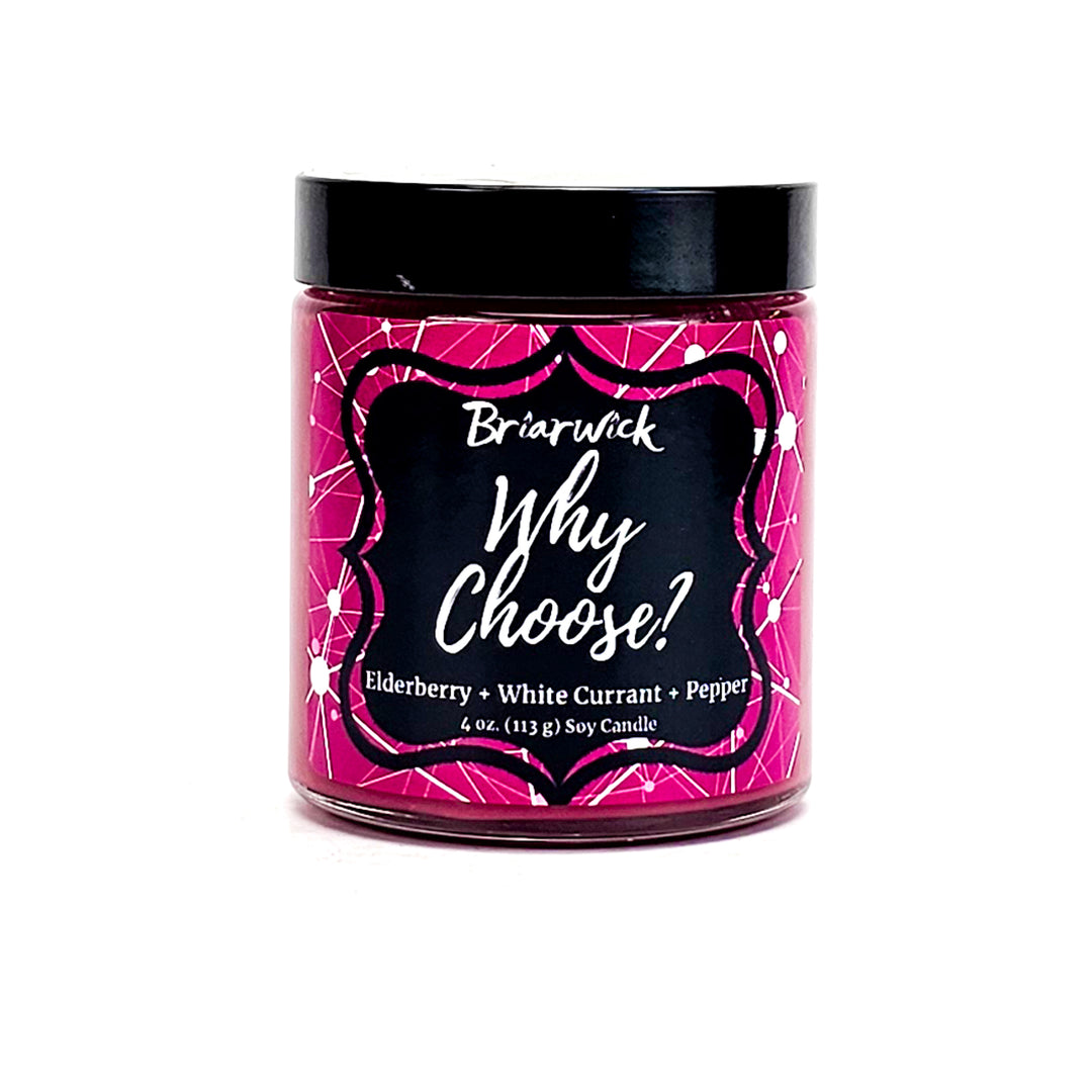 Why Choose? 4oz magenta candle with magenta & white line design on a white background