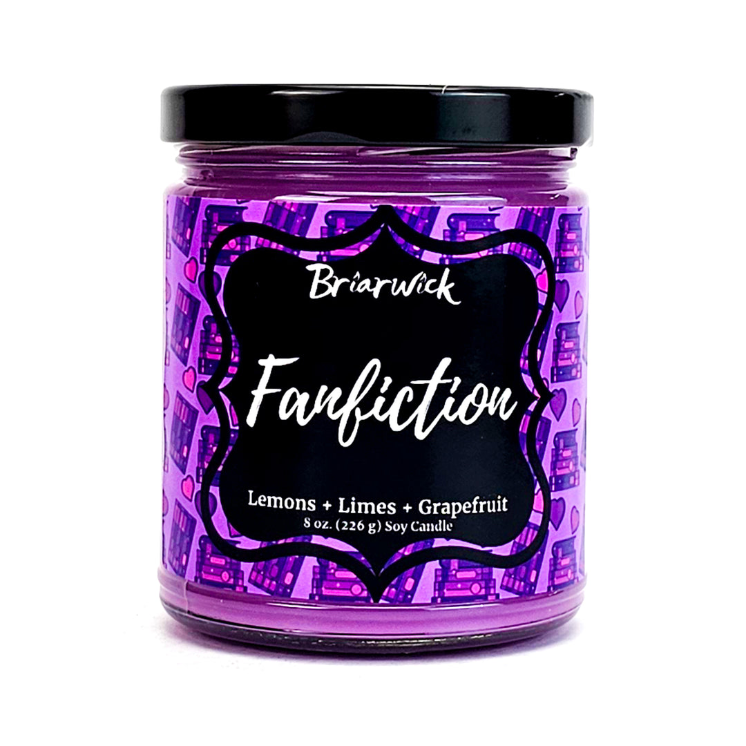 Fanfiction 8oz violet candle with violet bookstack design on a white background