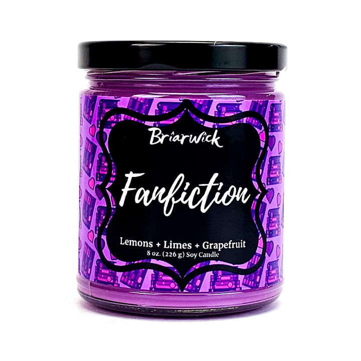 Fanfiction 8oz violet candle with violet bookstack design on a white background