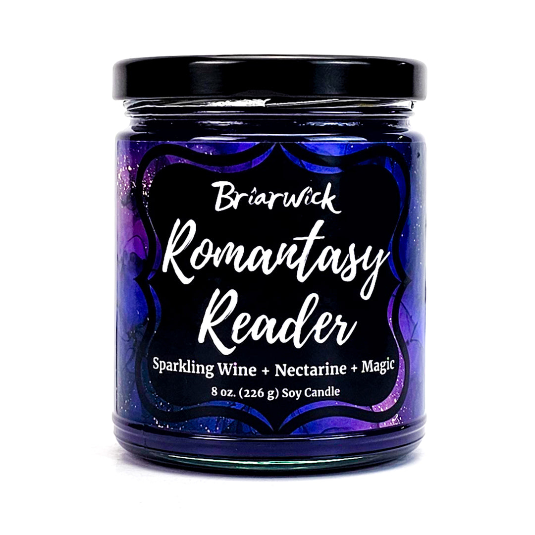 Romantasy Reader 8oz plum candle with purple textural design on a white background
