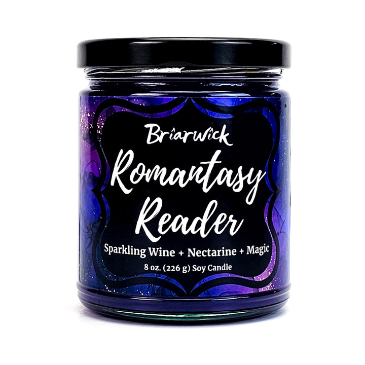 Romantasy Reader 8oz plum candle with purple textural design on a white background