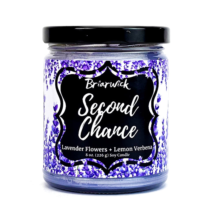 Second Chance 8oz lavender candle with lavender floral design on a white background