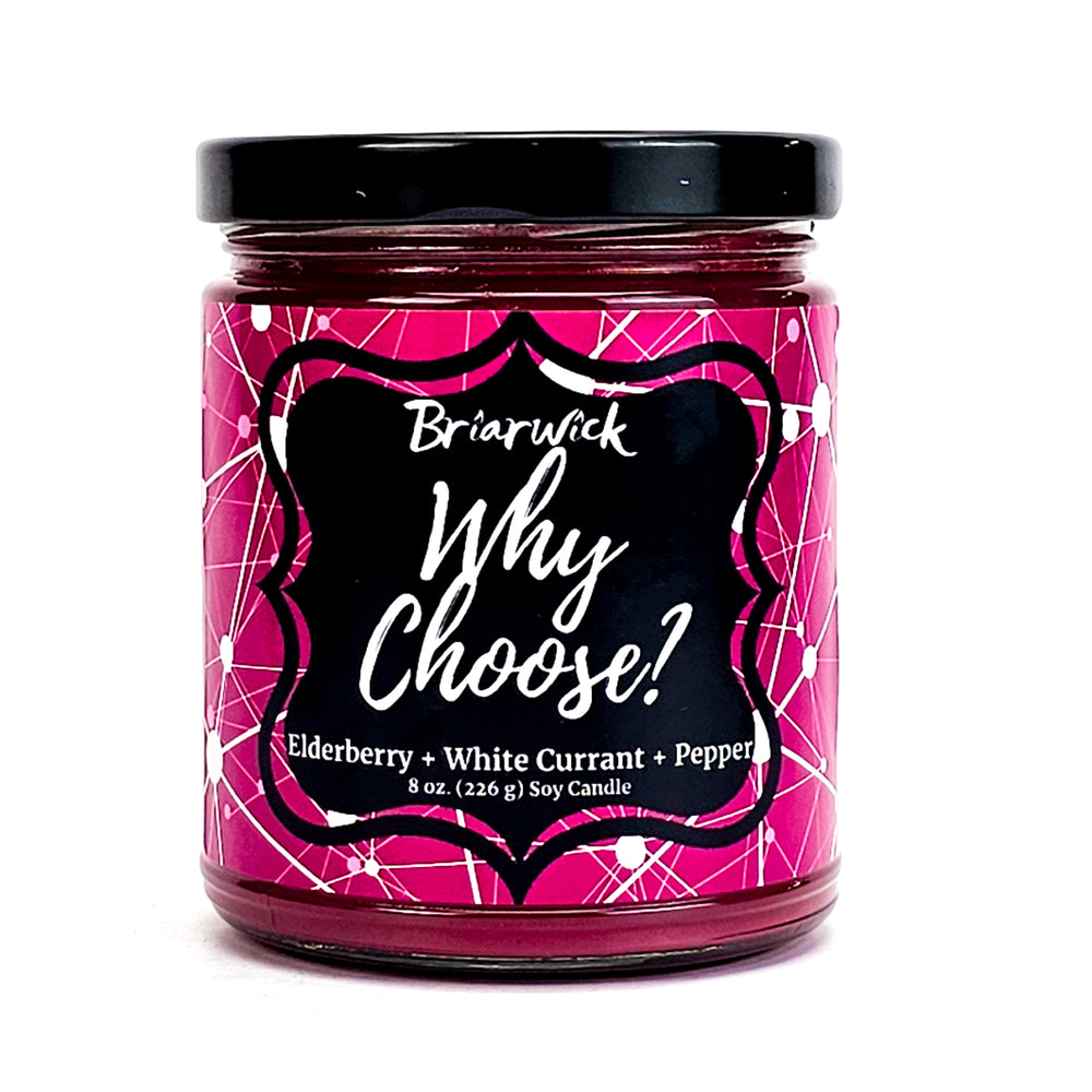 Why Choose? 8oz magenta candle with magenta & white line design on a white background
