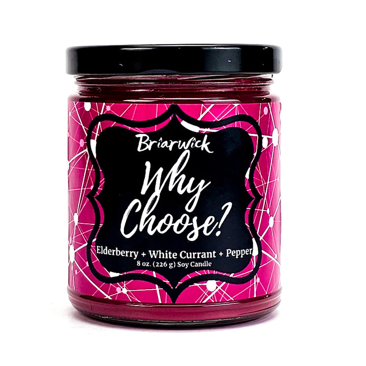 Why Choose? 8oz magenta candle with magenta & white line design on a white background