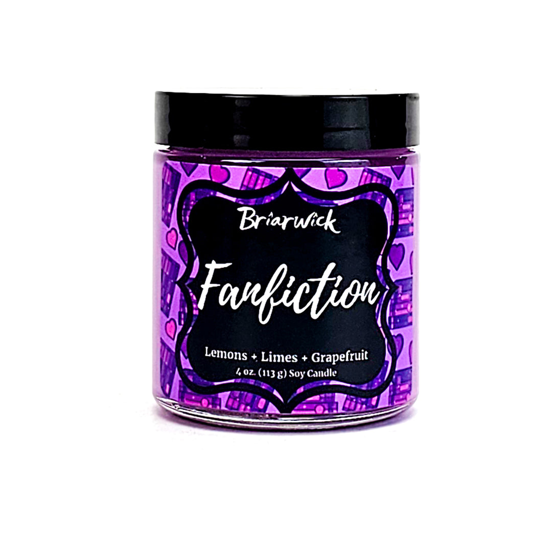 Fanfiction 4oz violet candle with violet bookstack design on a white background