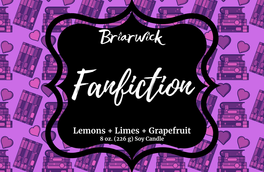 Fanfiction label with violet bookstack design