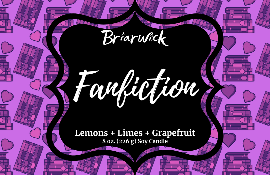 Fanfiction label with violet bookstack design