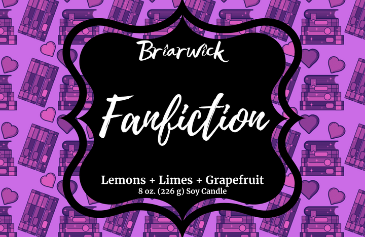Fanfiction label with violet bookstack design