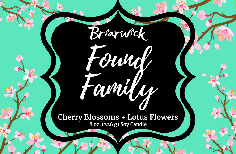 Found Family label with turquoise cherry blossom design