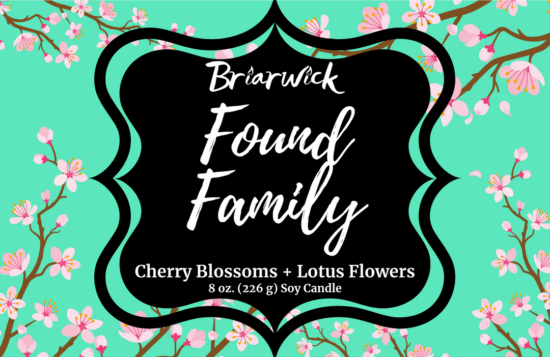 Found Family label with turquoise cherry blossom design