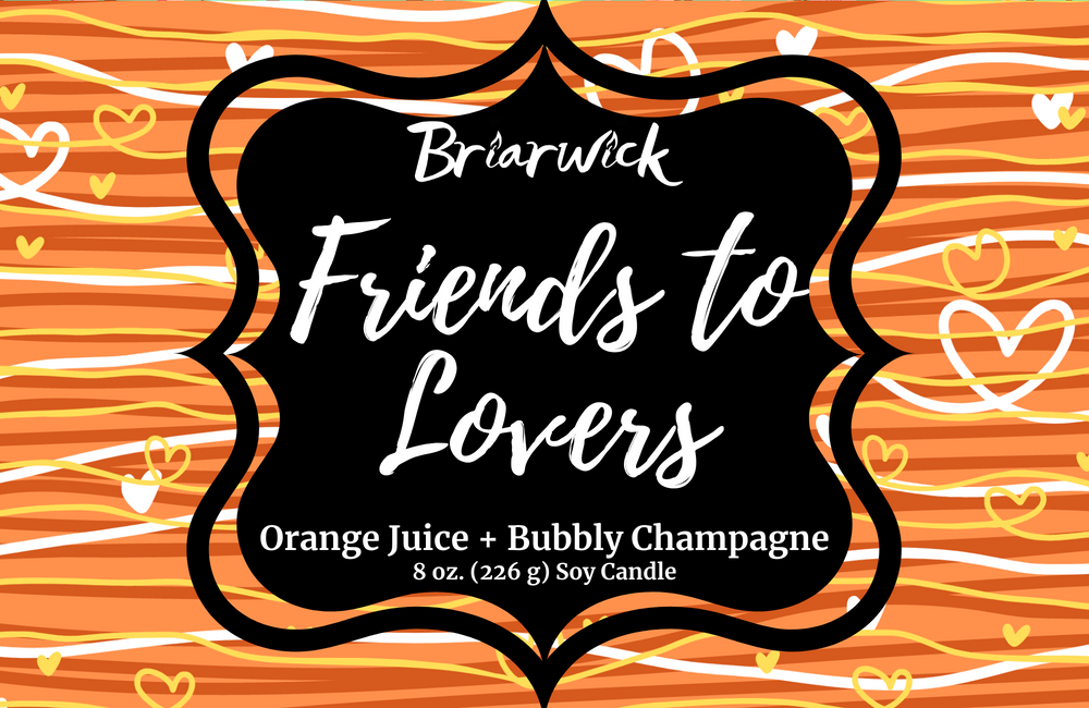 Friends-To-Lovers label with white & orange line design on a white background