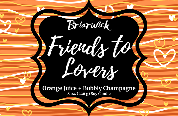 Friends-To-Lovers label with white & orange line design on a white background