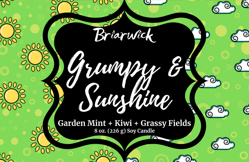 Grumpy & Sunshine label with sunshine/cloud split design