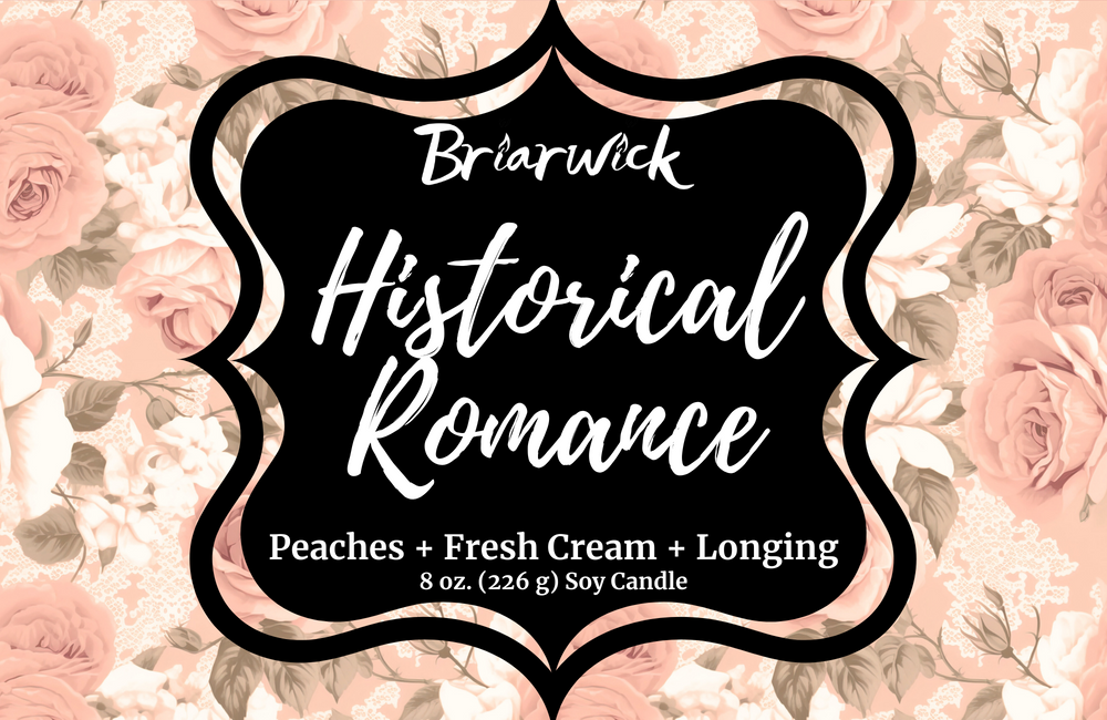 Historical Romance label with pale orange floral design on a white background