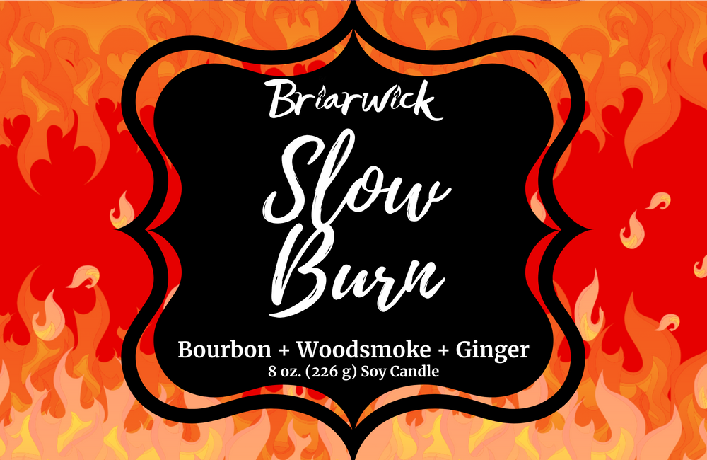 Slow Burn label with orange flame design