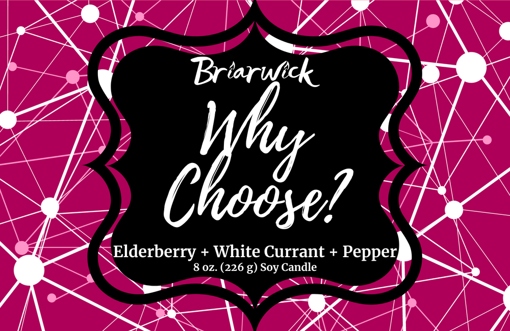 Why Choose? label with magenta & white line design