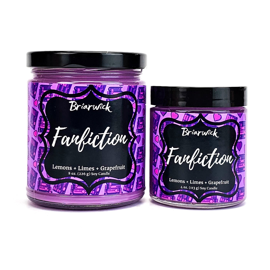 Fanfiction 8oz & 4oz violet candles with violet bookstack designs on a white background