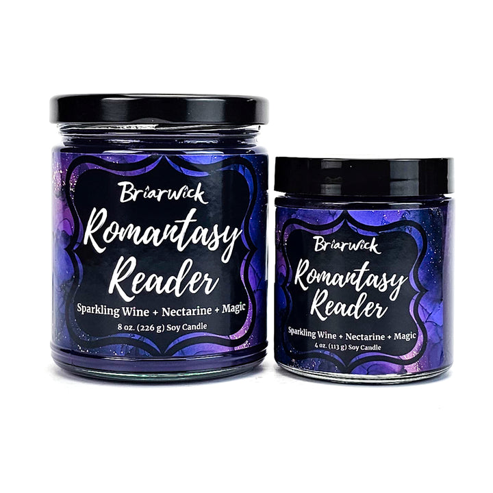 Romantasy Reader 8oz & 4oz plum candles with purple textural designs on a white background