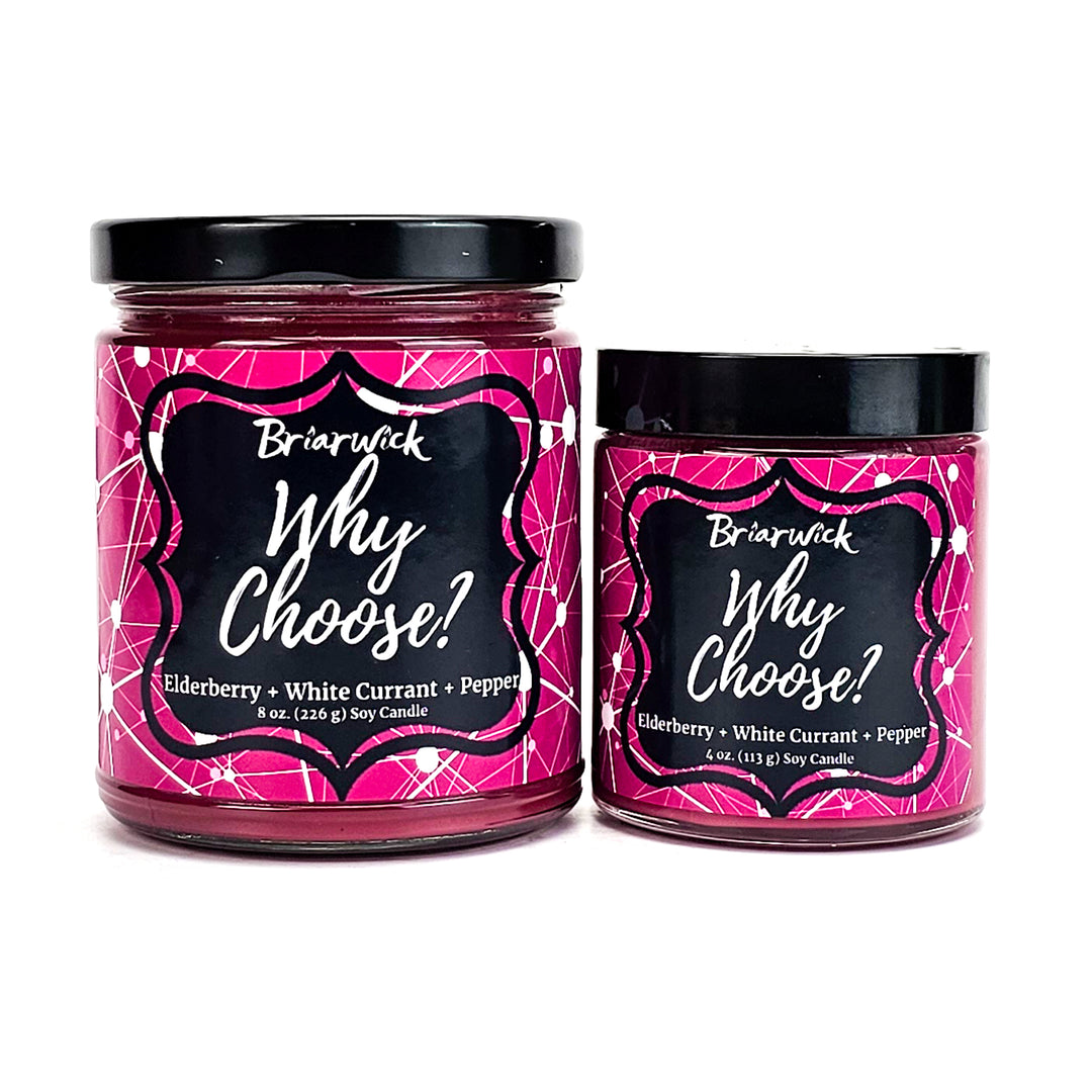 Why Choose? 8oz & 4oz magenta candles with magenta & white line designs on a white background