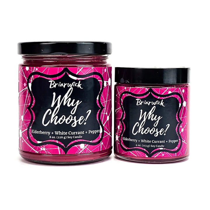 Why Choose? 8oz & 4oz magenta candles with magenta & white line designs on a white background