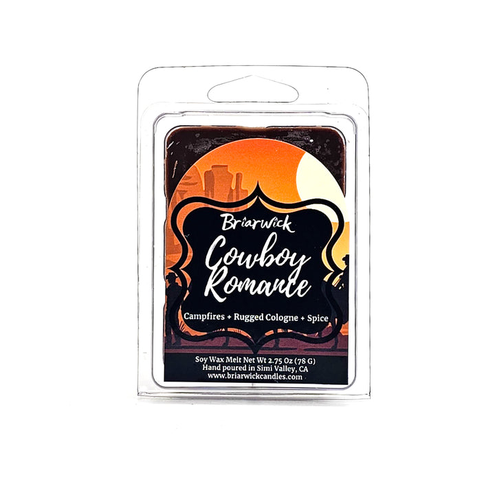 Cowboy Romance 2oz chocolate brown Wax Melt with desert scene design on a white background