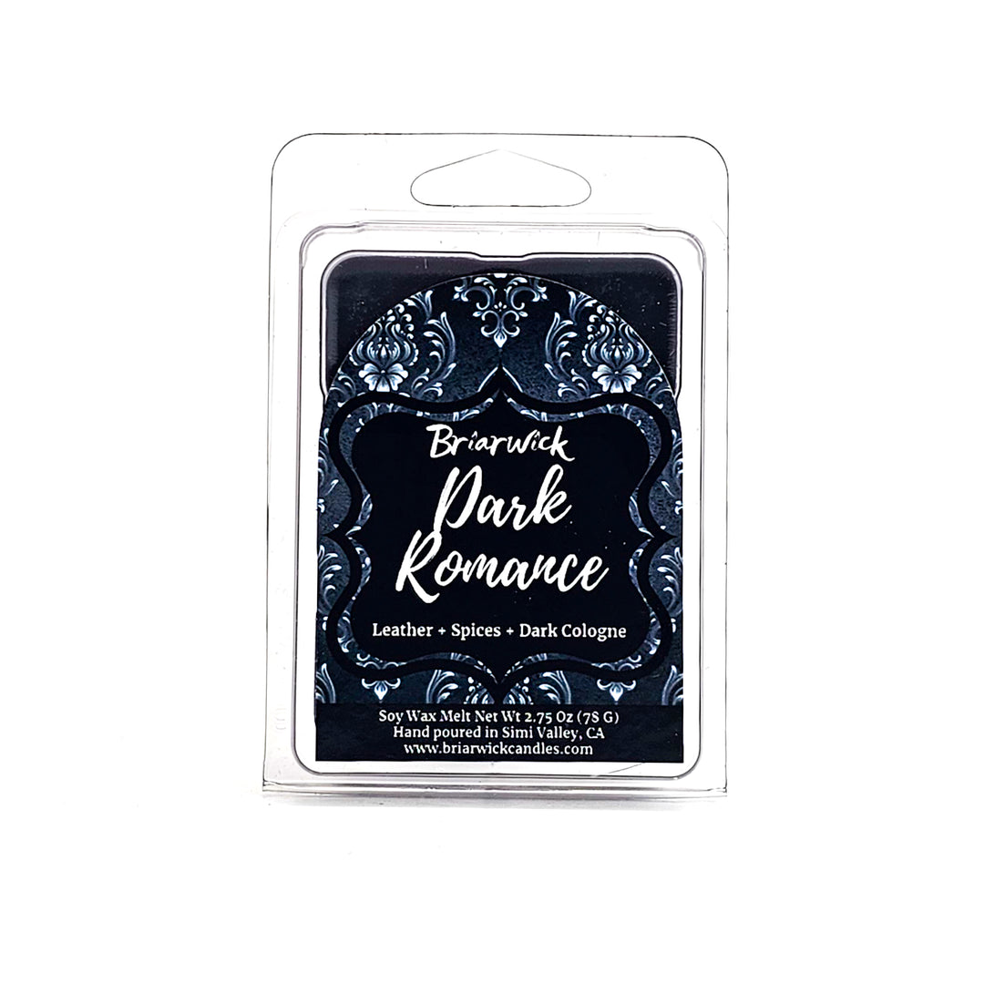 Dark Romance 2oz black Wax Melt with gray ornamental design on a white background