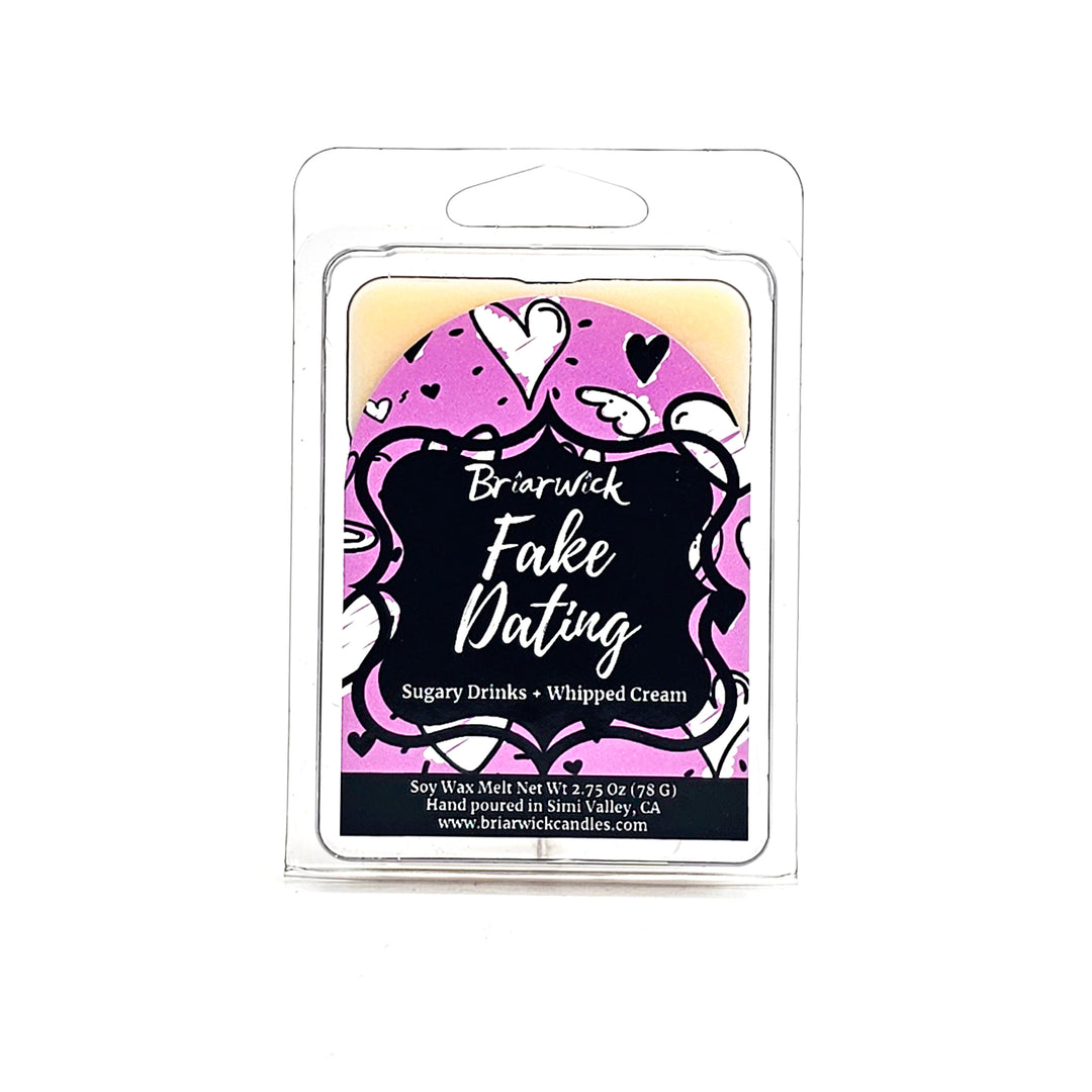 Fake Dating 2oz white candle with pink heart Wax Melt on a white background