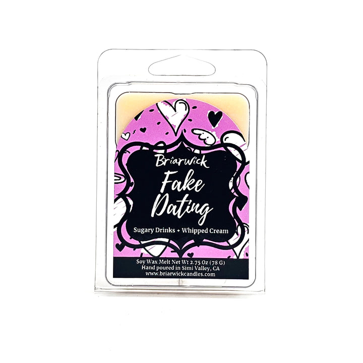 Fake Dating 2oz white candle with pink heart Wax Melt on a white background
