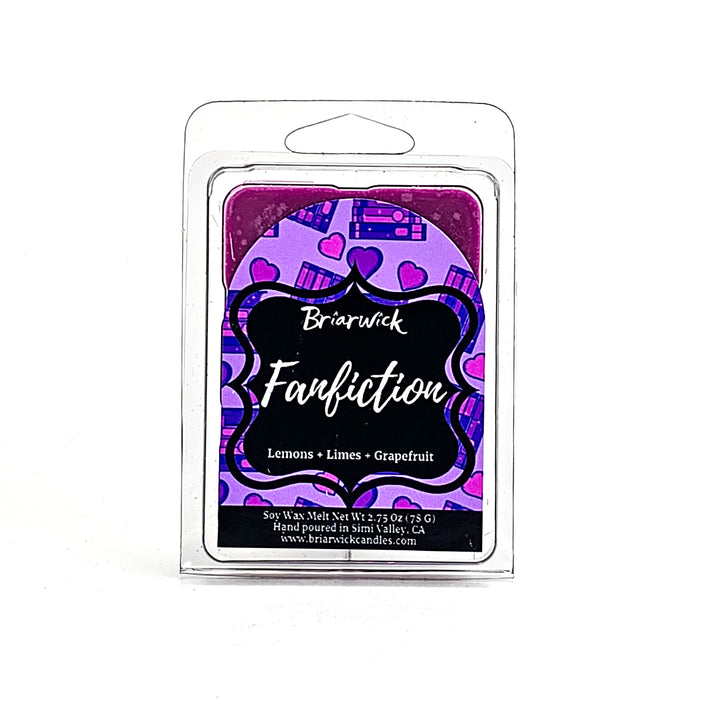 Fanfiction 2oz violet Wax Melt with violet bookstack design on a white background